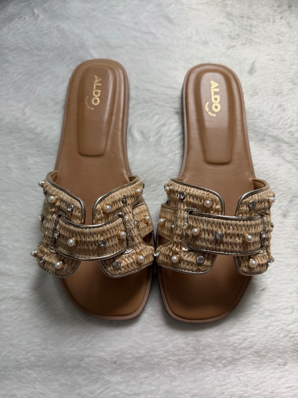 ALDO Tan Raffia Beaded Slide Mules
